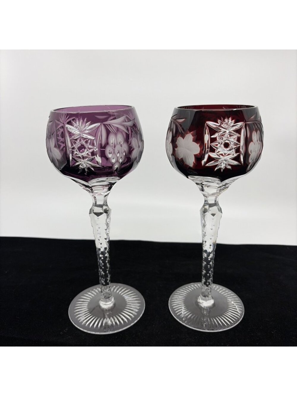 2 Ajka Marsala Tall Hock Wine Glasses Cut to Clear Ruby Red Amethyst 8" Vintage